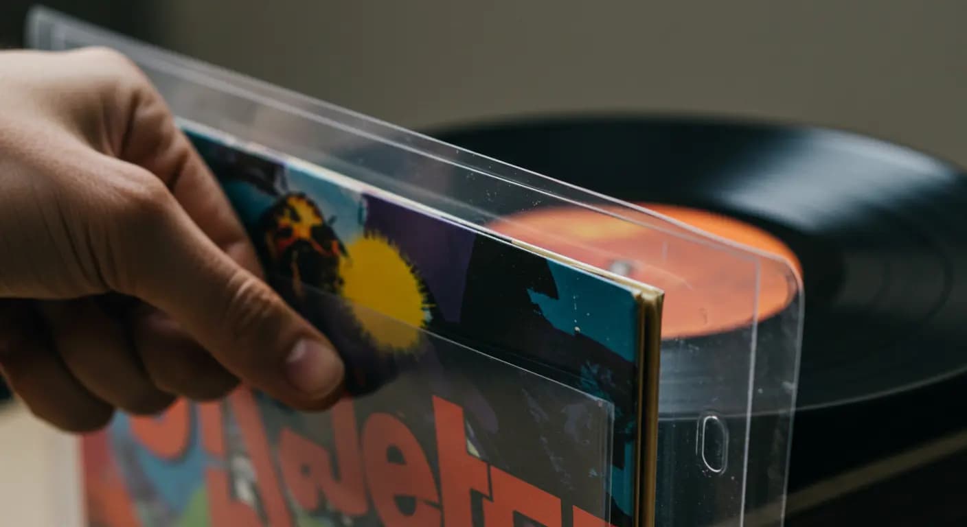 Nahaufnahme einer Vinyl-LP in einer transparenten Schutzhülle. Die hochwertige Hülle unterstreicht die Sichtbarkeit des Albumcovers.
