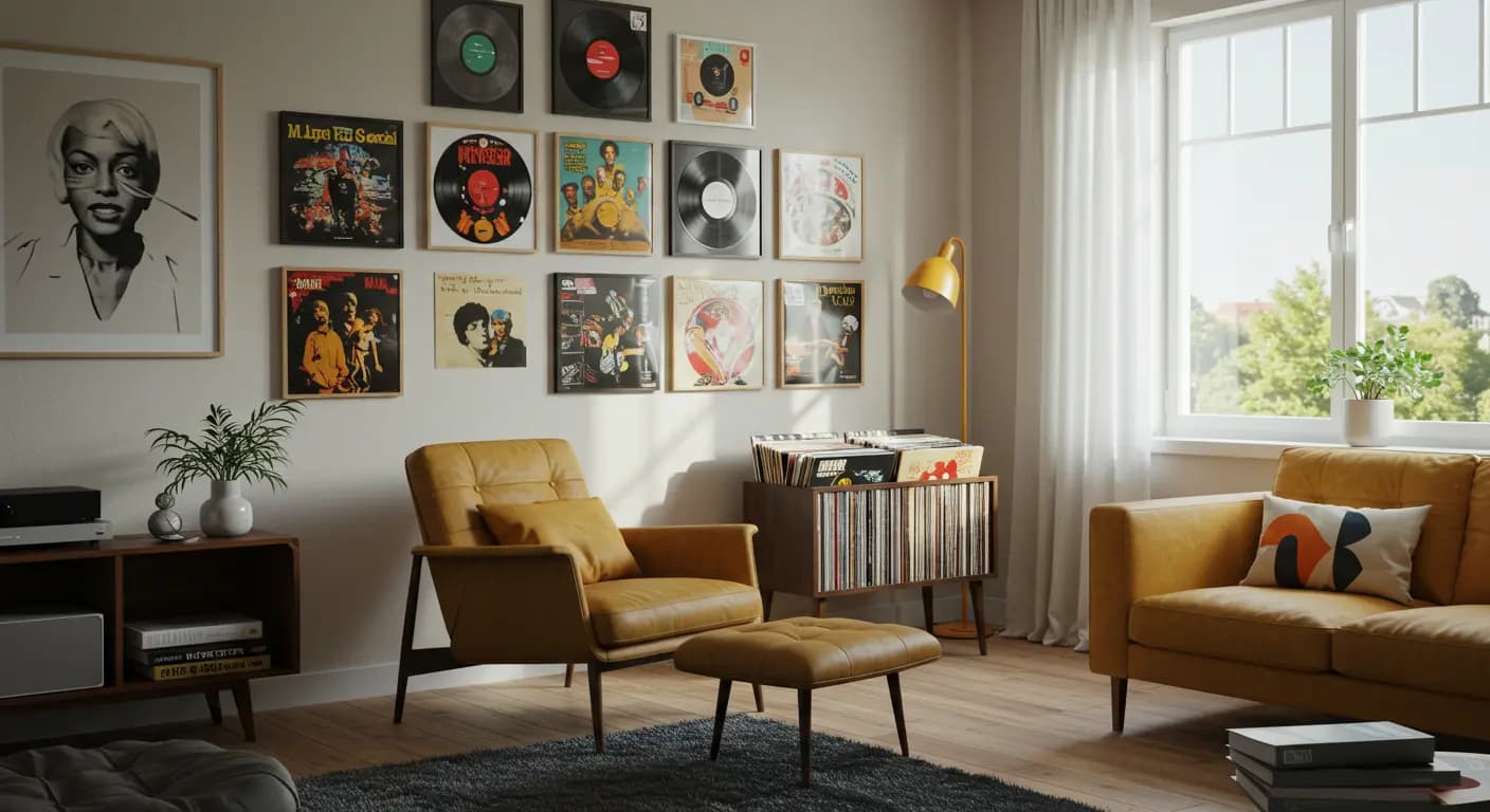 Ein Wohnzimmer mit stilvoll präsentierten Vinyl-LPs in Wechselrahmen an der Wand
