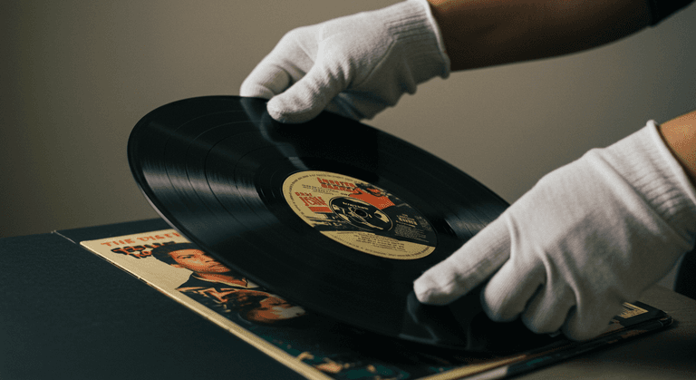 Un collectionneur portant des gants blancs retire un vinyle rare de sa pochette.