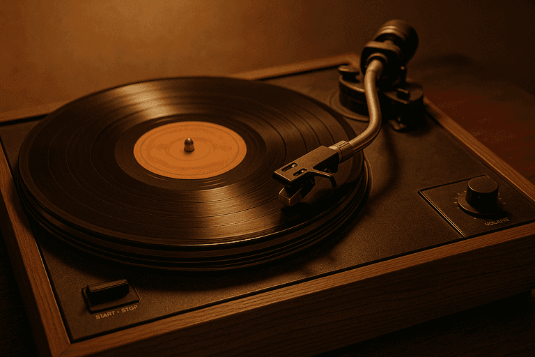A vintage record player playing a classic vinyl record, with a warm, nostalgic atmosphere.
