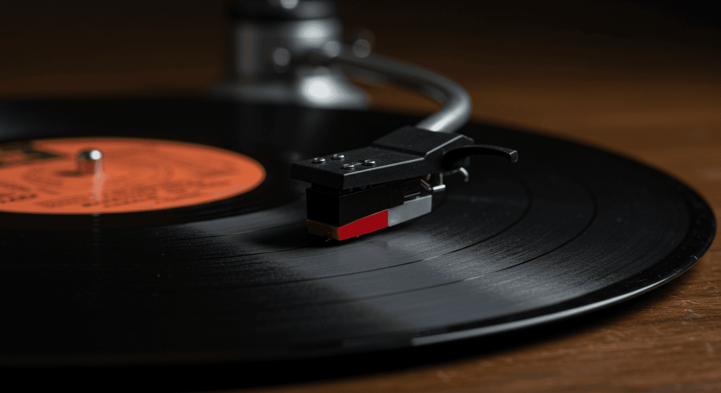 Een vintage platenspeler die een klassieke vinylplaat afspeelt, met een warme, nostalgische sfeer.