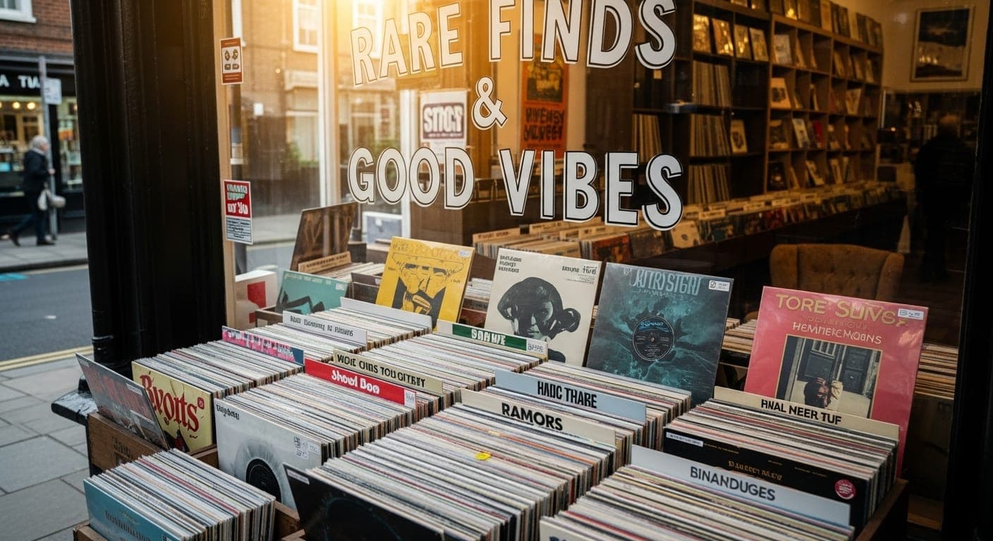 A vibrant display of multicolored vinyl records stacked in front of a cozy indie record store window.