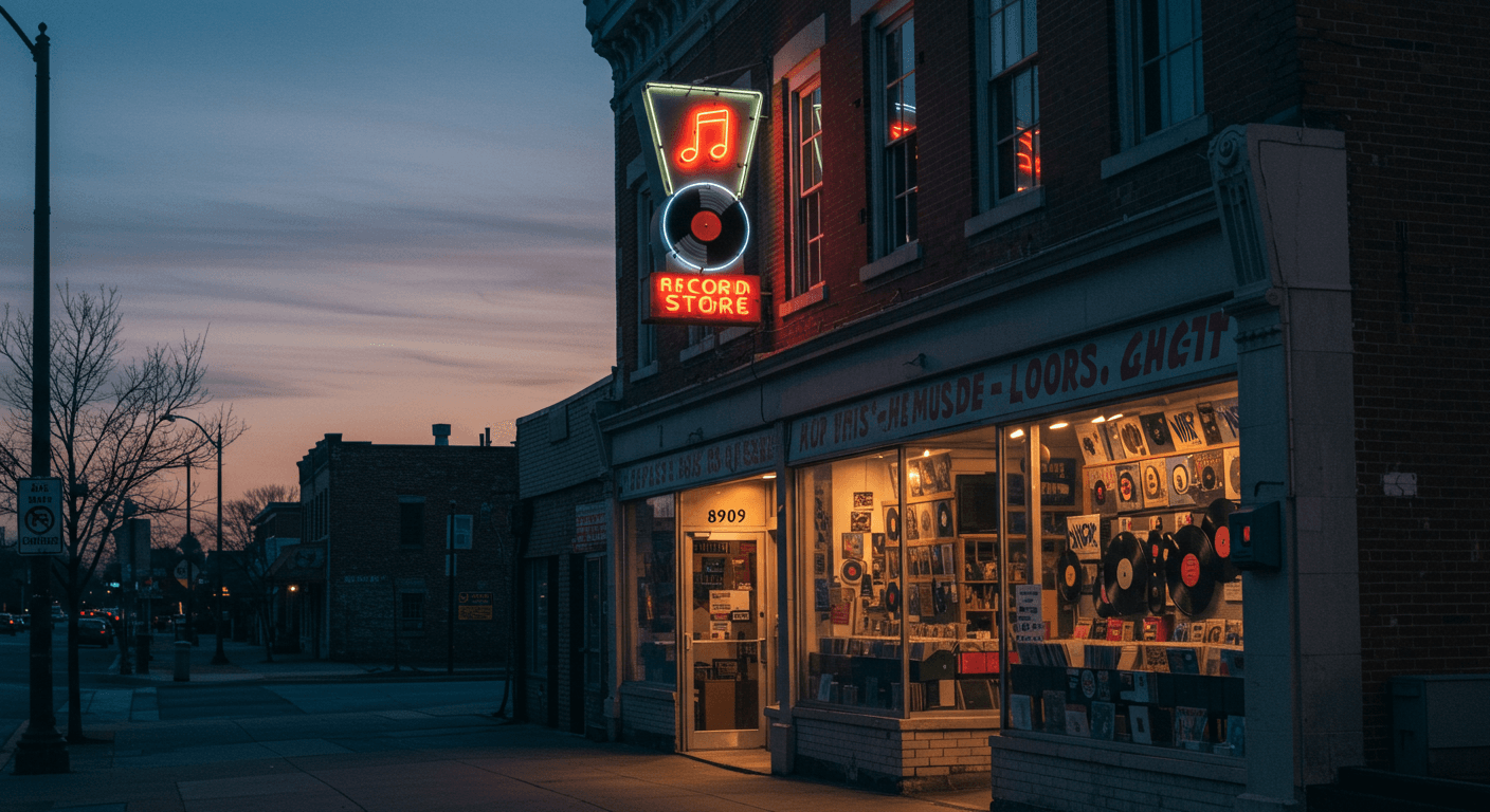Exterior shot of a classic American record store with vinyl displays in windows and iconic neon signage, capturing the nostalgic atmosphere of independent music retail.